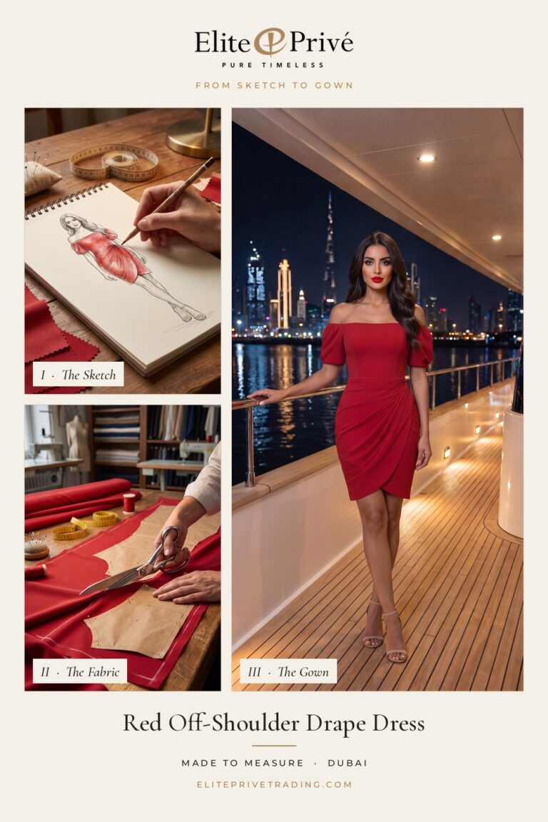 Red Off-Shoulder Drape Dress – from sketch to fabric to finished gown, Elite Privé made-to-measure Dubai