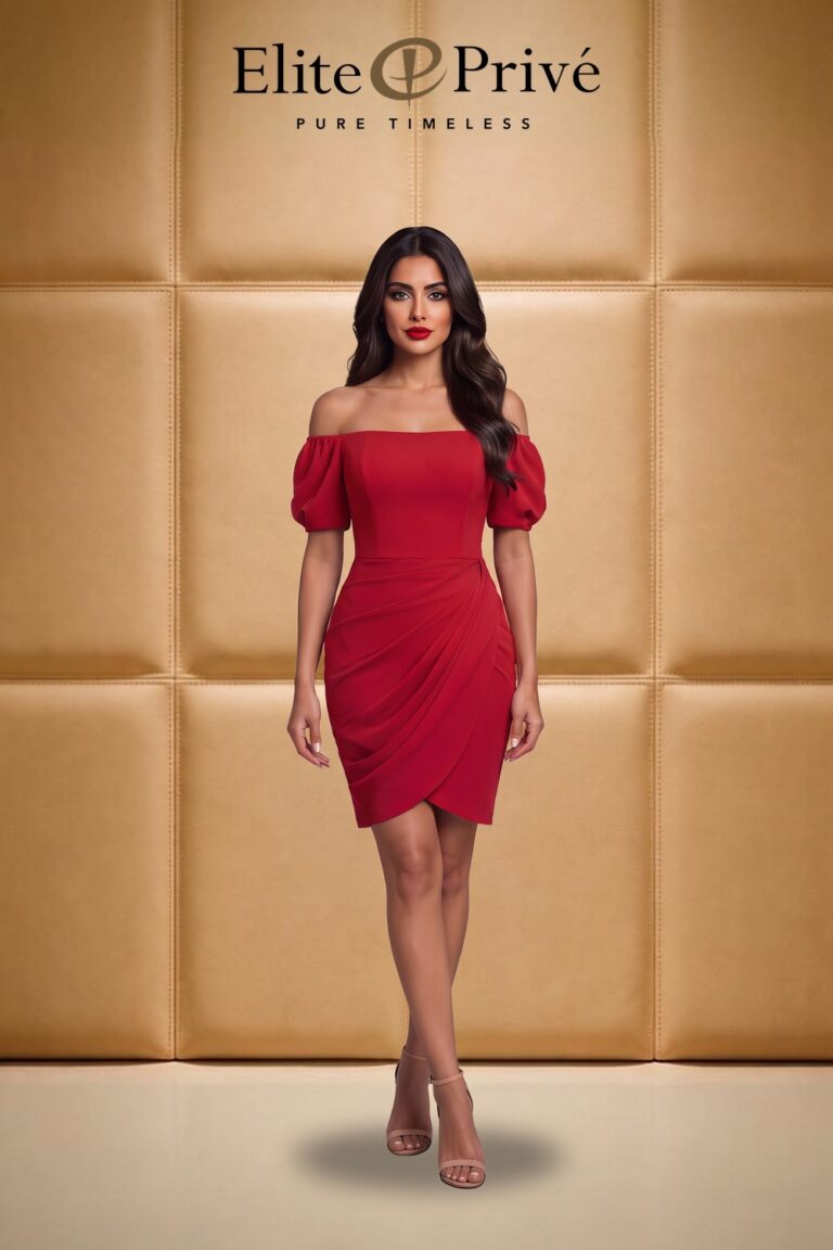 Red Off-Shoulder Drape Dress on the model – made-to-measure design by Elite Privé Atelier, Dubai