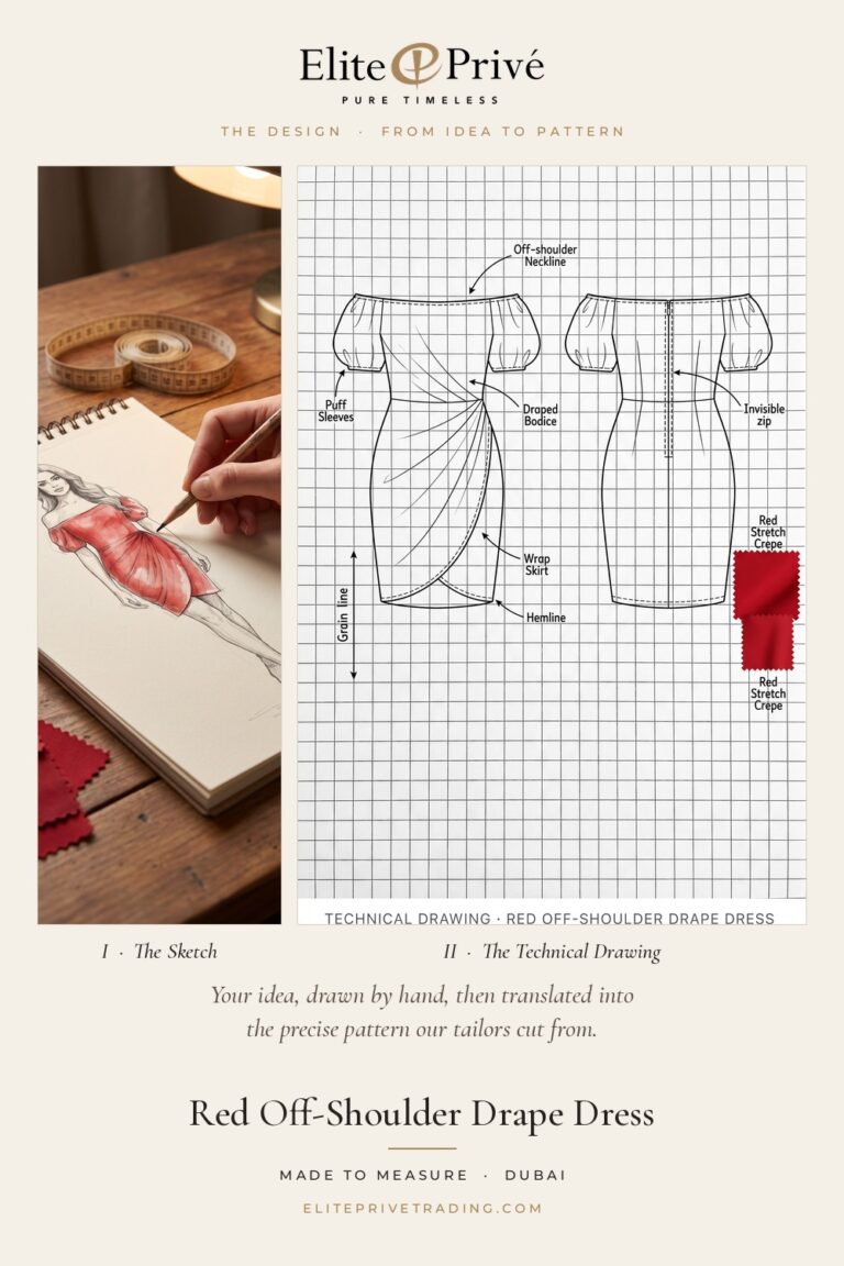 Red Off-Shoulder Drape Dress – fashion sketch and technical drawing, Elite Privé made-to-measure atelier Dubai
